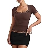 REORIA Womens 2025 Fall Fashion Square Neck Lace Long Bell Sleeves Shirts Double Lined Casual Slim Fit Tops