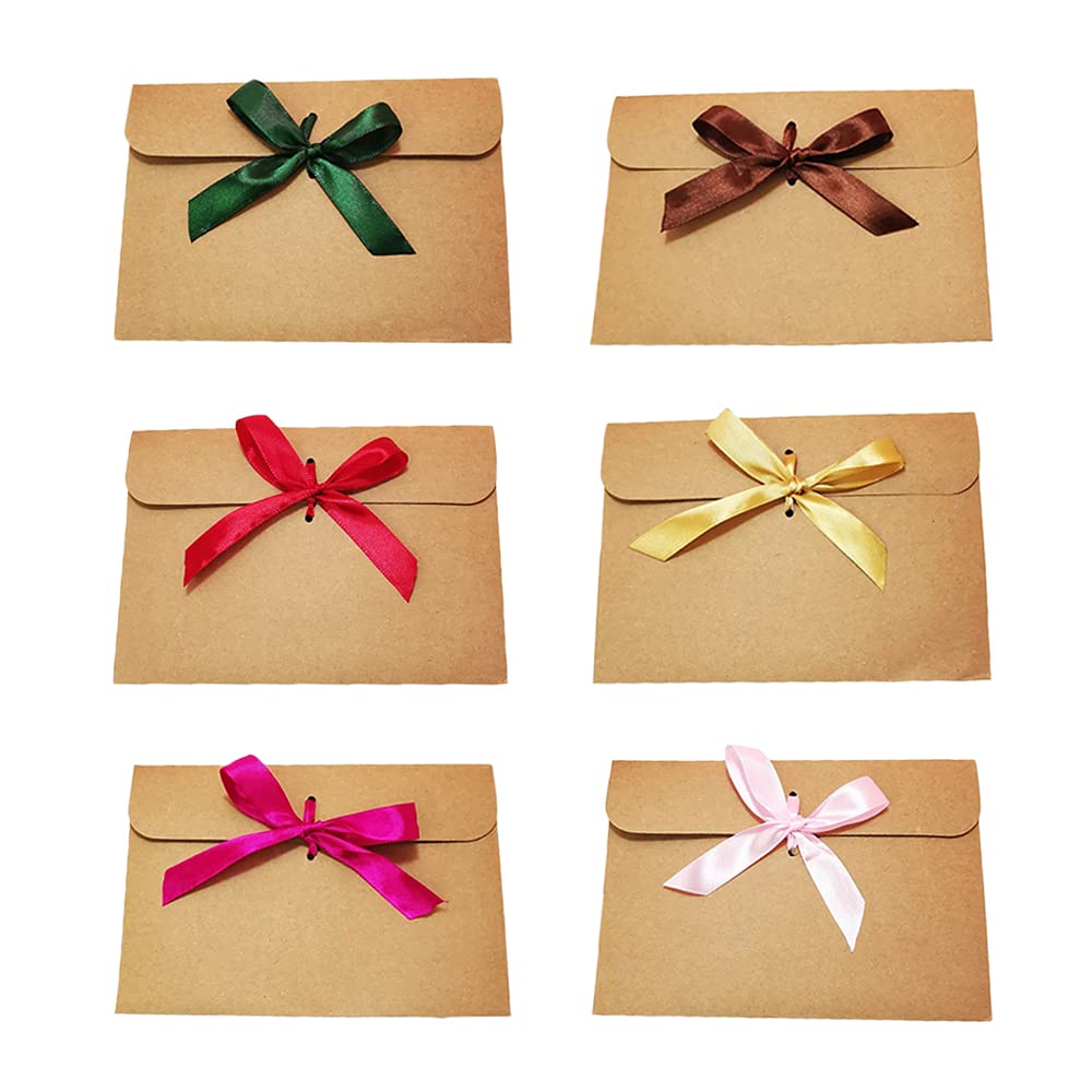 30 Piece Kraft Paper Envelopes, Mini Gift Card Envelopes, Bows Envelopes, Vintage Kraft Envelopes, with 30 Ribbons (6 Colors)，for Handmade Invitations, Letters, Birthday or Holiday Cards