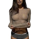Y2K Long Sleeve Shirts for Women Grunge Rhinestone Sheer Mesh Aesthetic Fitted Tops