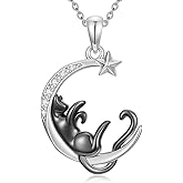 Zorlioy Diamond Black Cat Necklace 925 Sterling Silver Lab Grown Diamond Crescent Moon Black Cat Pendant Necklaces for Women
