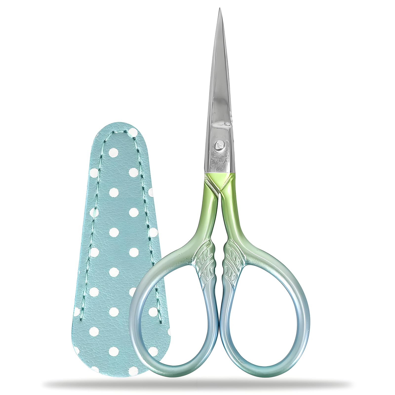 SwirlColor Embroidery Scissors Small, Stainless Steel Craft Scissors Small Sharp Scissor for Sewing Threading Handicraft 1pcs with Fake Leather Scissor Cover (Blue)