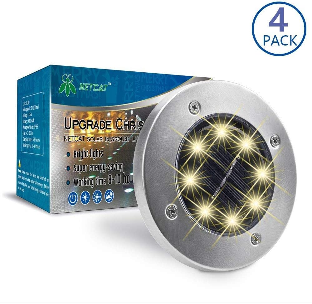 Solar Powered Ground Lights, 8 LED Solar Path Lights Outdoor Waterproof Garden Landscape Spike Lighting for Yard Driveway Lawn Pathway Patio Walkway Pool Area (Wram White, 4 Pcak)