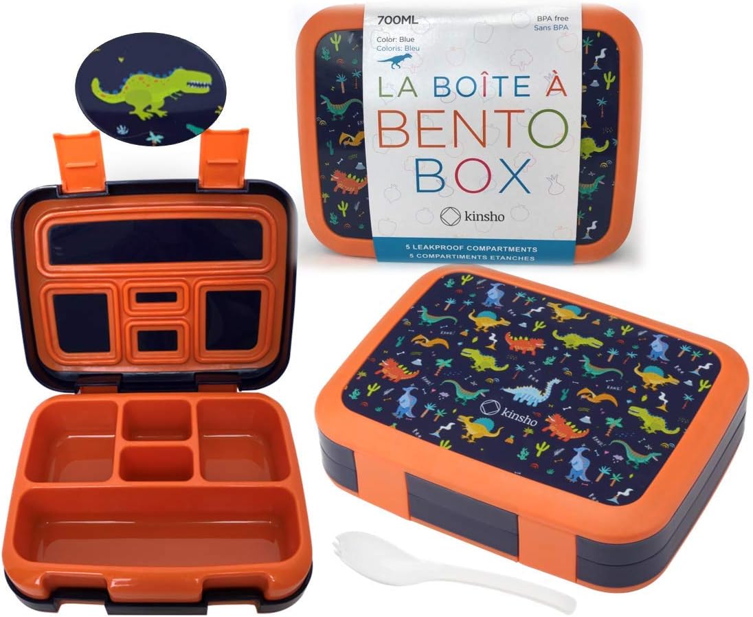 Dinosaur Bento Lunch Box for Boys Toddlers, 5 Portion Sections Secure