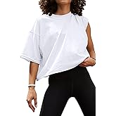 Women's Oversize Workout Crop Tops Casual Short Sleeve Drop Shoulder Boxy T-Shirts Roll Hem Basic Loose Yoga Running Tees