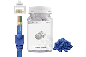 Proster Cat6 Pass-Through RJ45 Connectors - 100PCS Gold Plated Ethernet Connectors with Blue Boots & Storage Jar, for 23-24 A
