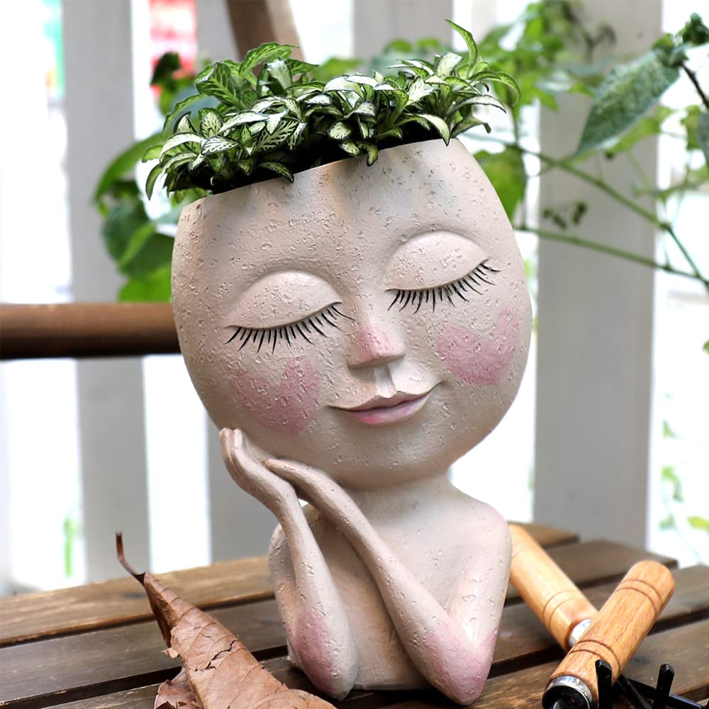 Meyas Cute Lady Face Planters - Indoor/Outdoor Succulent & Flower Pots With Drainage Hole - Resin Material - Perfect Garden Gift - Light Color
