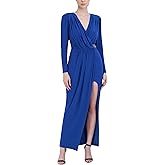 BCBGMAXAZRIA Women's Faux Wrap Sheath Floor Length Evening Dress Long Sleeve Surplice Neck Beaded Belt Front Slit Gown