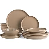 Famiware Saturn Dinnerware Sets for 4, 12 Pieces Stoneware Plates and Bowls Dish Set - Chip and Scratch Resistant, Microwave and Dishwasher Safe Tableware, Cinnamon Brown