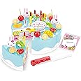 HenMerry 38 PCS DIY Cutting Birthday Party Cake Toy Pretend Play Kitchen Food Toys Set,DIY Fruit Cutting Kitchen Toys Pink/Blue Cut Cake Toys for Girls Boys Gift (38PCS Blue)