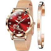 OLEVS Rose Gold Watch for Women Mesh Strap Fashion Dress Hearts Japanese Quartz Waterproof Luminous Ladies Watches Bracelet Sets