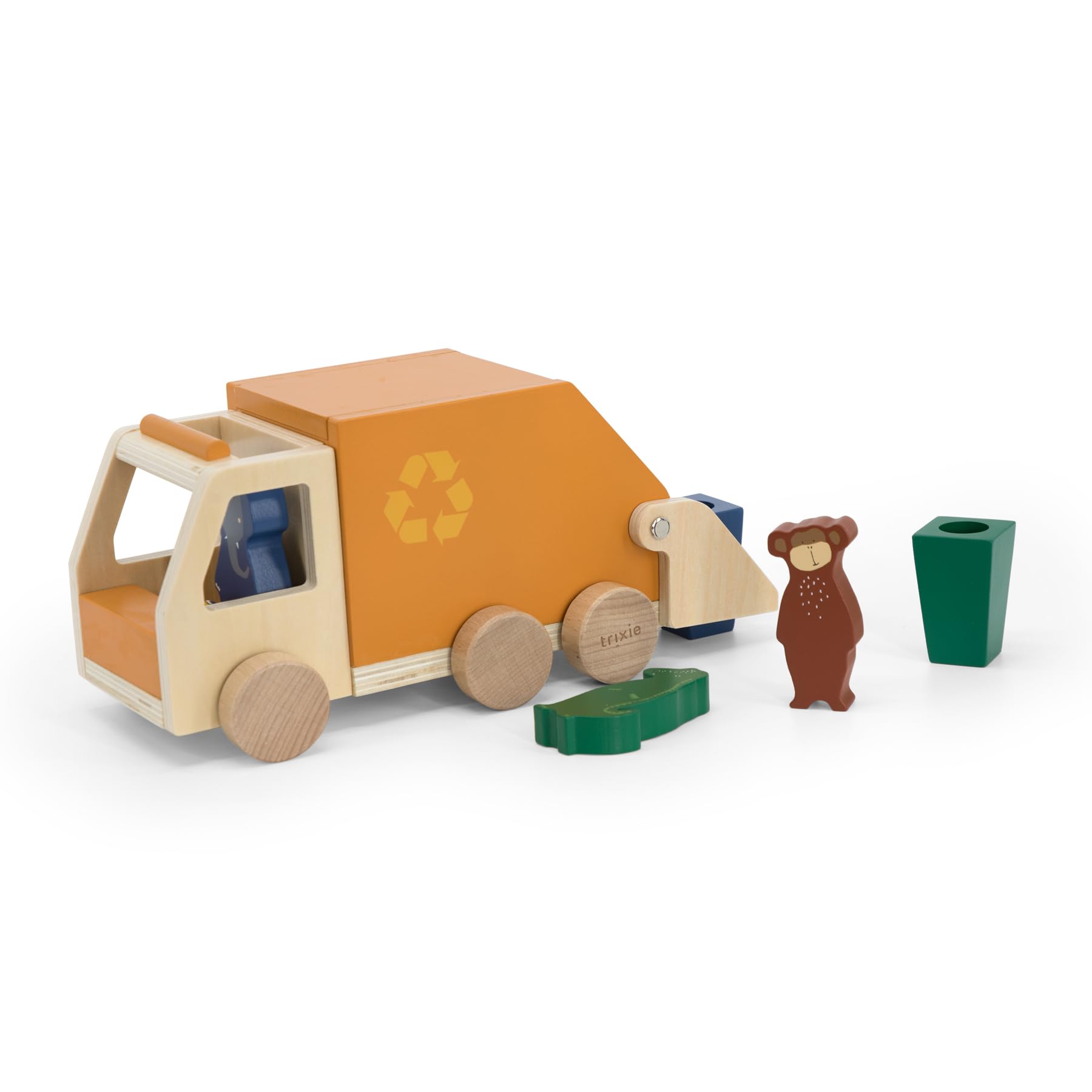 Trixie Wooden Garbage Truck – FSC Certified Wood Recycling Toy with Adorable Animal Driver – Eco-Friendly Educational Toy for Toddlers and Preschoolers-18m+