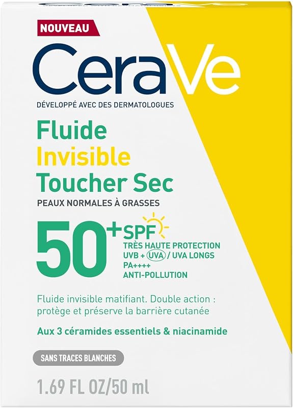 , Fluide Invisible Toucher Sec SPF 50+, Très Haute Protection Solaire Visage, Peaux Normales à Grasses, Matifiant 12H, Sans Traces Blanches, Base Maquillage, Niacinamide et Vitamine E