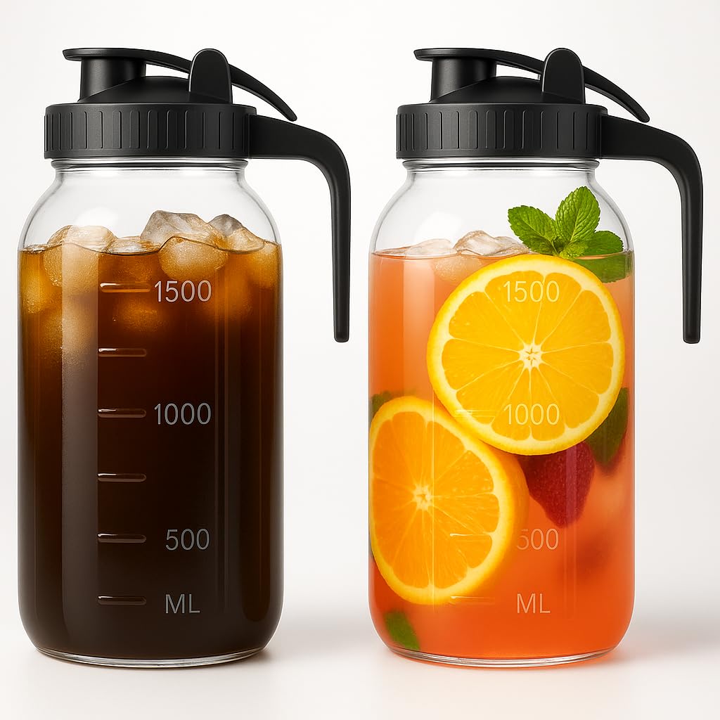 Photo 1 of 2-Pack 64oz Glass Pitcher with Lid, Leakproof Airtight Silicone Seal, Flip-Top Easy-Refill Refrigerator Pitcher with Handle & Spout for Iced Tea, Cold Brew, Lemonade & Sun Tea