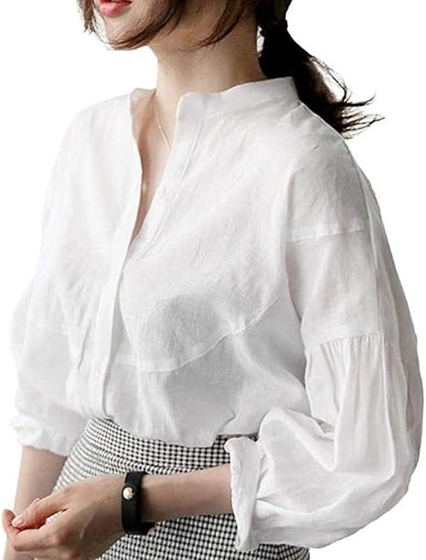 Amazon ダーセン シャツ ブラウス レディース パフスリーブ ゆったり ワイドシャツ 立ち襟 トップス ドロップショルダー 七分袖 おしゃれ 大人可愛い ベーシック 通勤 お出かけ 年中使え ボタン付き 夏 シャツ ブラウス 通販