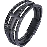 Mrcaois Mens Leather Cross Bracelet Braided Multi Layer Wristband with Stainless Steel Clasp - Christian Religious Gifts for Him(Brown/Black/Blue)