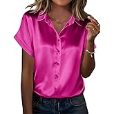 Zeagoo Silk Blouse for Women Short Sleeve Satin Button Down Shirts Casual Loose V-Neck Business Work Tunic Top