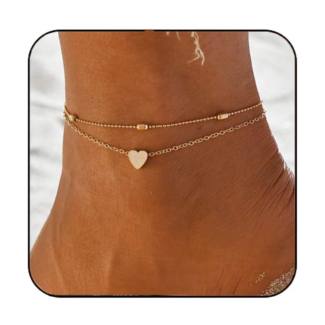 Jovono Boho Beaded Anklets Fashion Miltilayered Heart Anklet Bracelets Beach Foot Jewelry for Women and Girls (Gold)