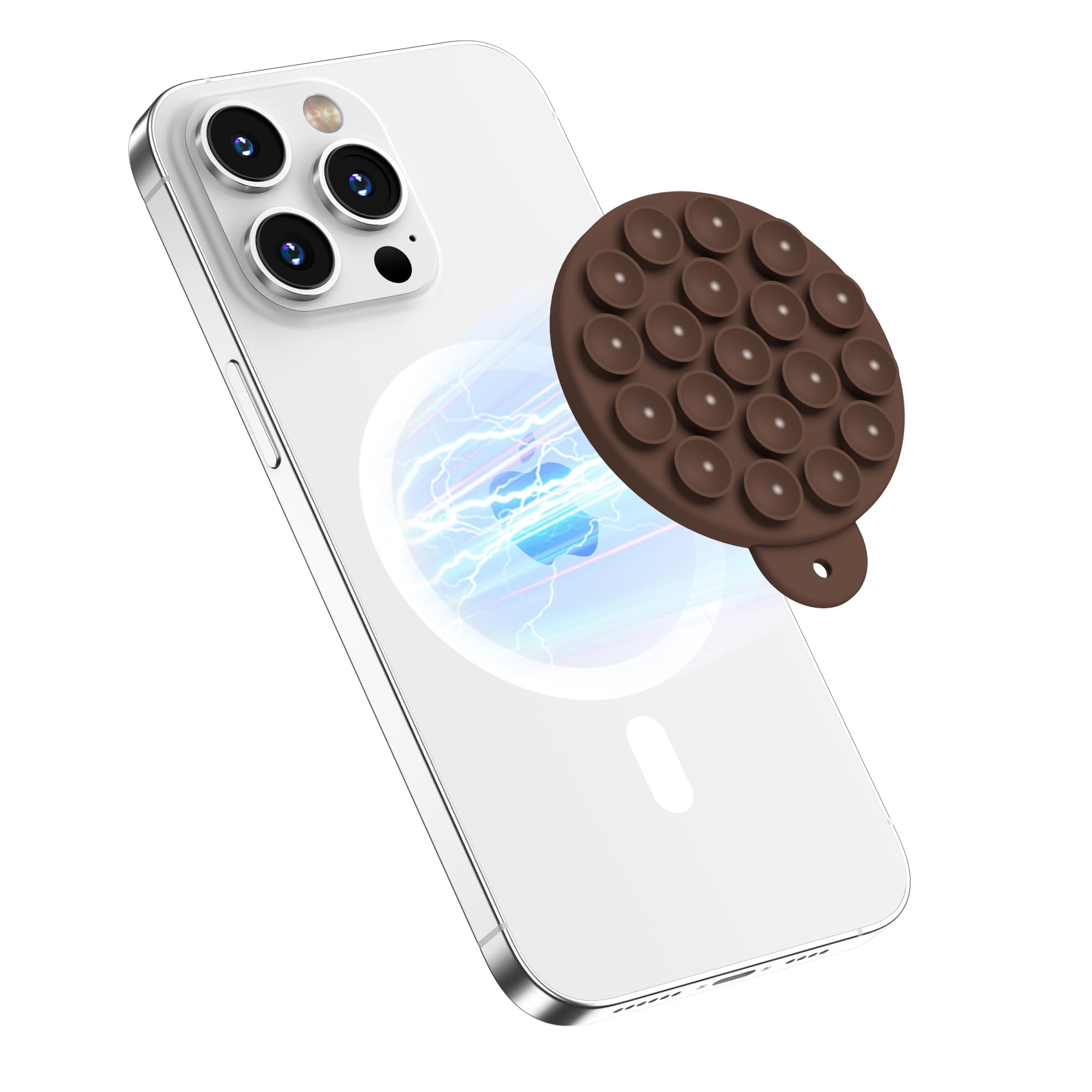 HSAOHD Magnetic Suction Cup Phone Mount with MagSafe, Silicone Hands-Free Grip Holder for iPhone Case and Android, Mirror Shower Phone Stand for Makeup FaceTime Gym Kitchen Bathroom, Chocolate