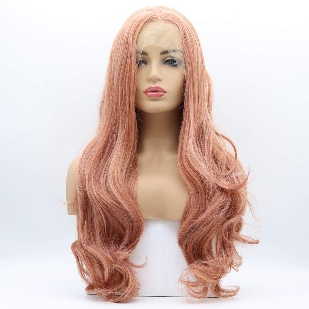 Xiweiya Wigs Long Body Wave Mixed Peach Pink Wig 13x3 Lace Synthetic Lace Front Wig Middle Parting Natural Wavy Pink Hair Glueless Heat Resistant Fiber for Women Cosplay Makeup 24 Inches