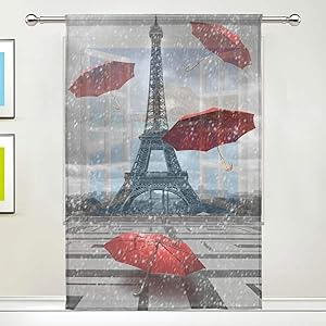 MAHU Sheer Curtains Paris Eiffel Tower Umbrella Window Voile Curtain Drapes for Living Room Bedroom Kitchen Home Decor 55x84 inches, 1 Panel