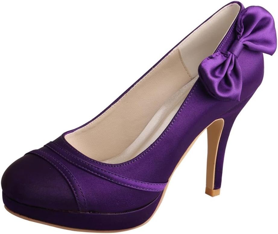 MW783 Women's High Heel Bridesmaid Shoes Bow Platform Purple Satin Evening Party Pumps