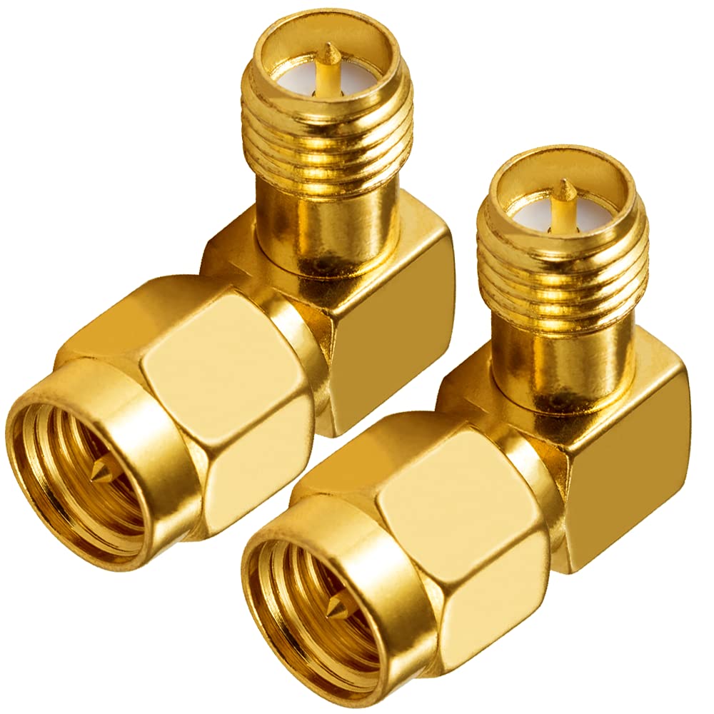 Vecys Antenna Adapter SMA Male to RP-SMA Female(with pin) Right Angle 90-Degree RF Coaxial Coax Adapter for 2G 3G 4G Wifi Wireless WLAN 2 PCS