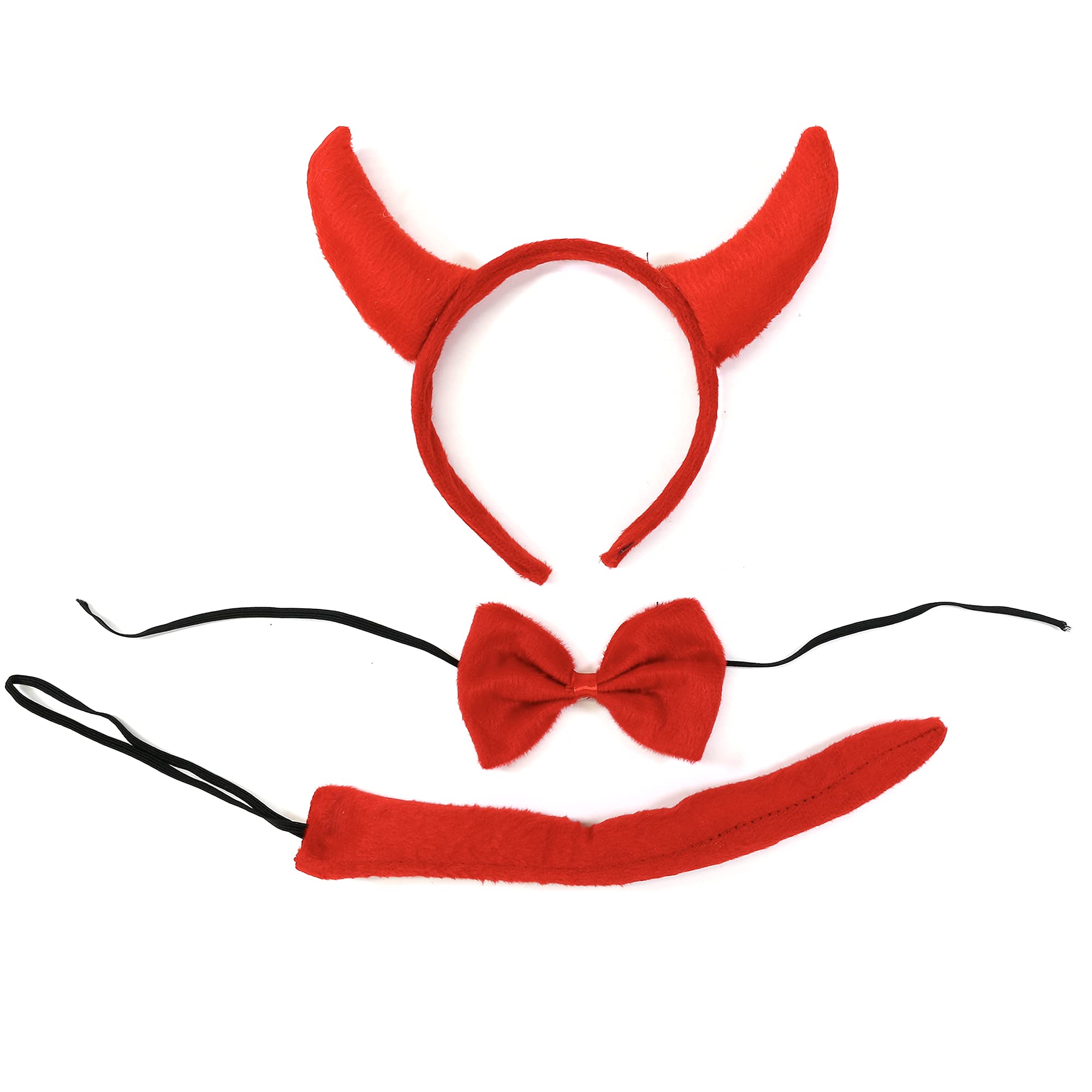 Red Halloween Fluffy Devil Horn Headband, Devil Elasticated Red Bow Tie & Elasticated Satan Blood Red Tail Fancy Dress Cosplay Trick Or Treat Costume Outfit