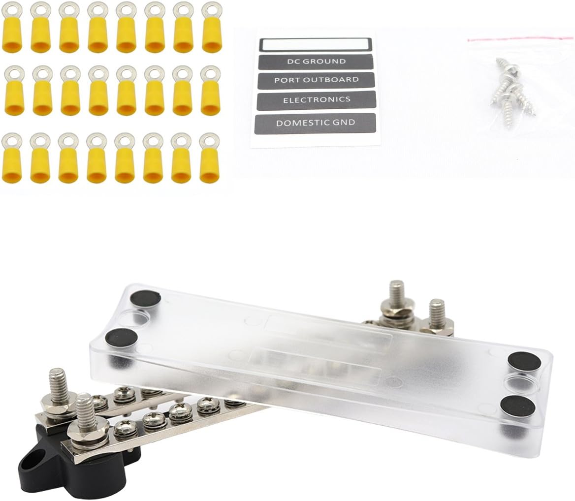 Gloaso 100A BusBar 4 Studs 24 Screws 24 adhesive Heat-shrink Terminals with Cover Kit Bus Bar Ground Distribution Block