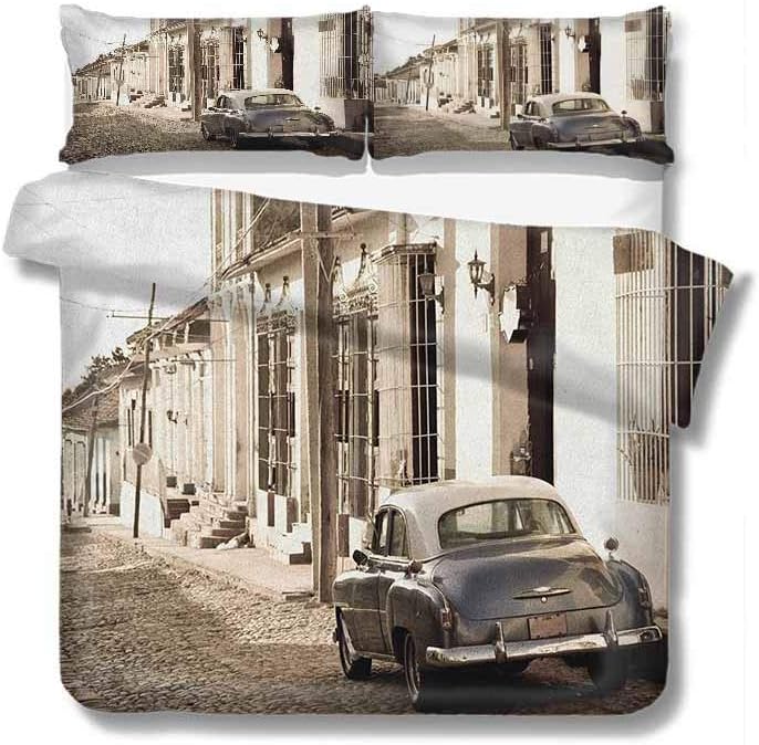 Decorative 3 Piece Bedding Set with 2 pillow covers Vintage Car,An Old American Car in the Colonial Streets of Trinidad in Cuba Historical Picture, Beige Duvet Cover Set Twin Size 68x86 inch