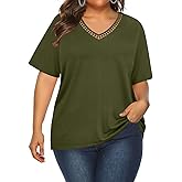 RITERA Plus Size Tops for Women Summer Blouse V Neck Short Sleeve Dressy Pullover Hollow Out Oversize Tee XL-5XL