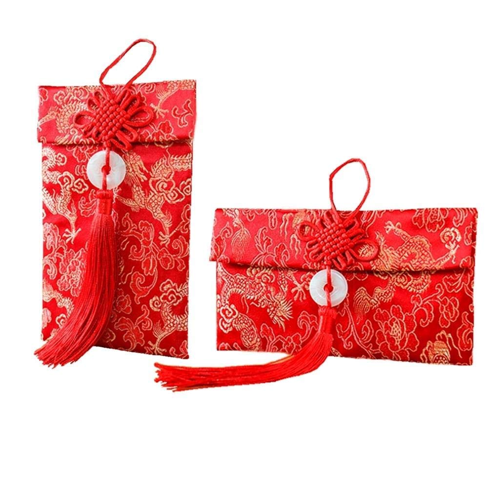 2 Pack Chinese Element Silk Red Envelopes Chinese Lucky Dragon Red Envelopes Gift Card Wedding Red Money Pockets, Approx Can Hold 100 Sheets
