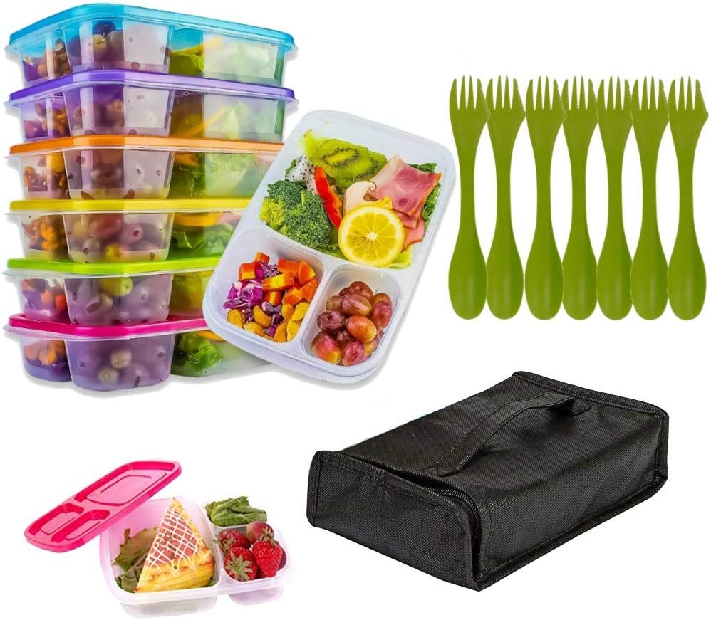 Meal Prep Containers with Lids 7 Reusable 3 Compartment Food containers Holder & 7 Utensils BPA Free Food Storage Freezer, Dishwasher, Microwave Safe Not Leak Proof Food Portion Control Containers