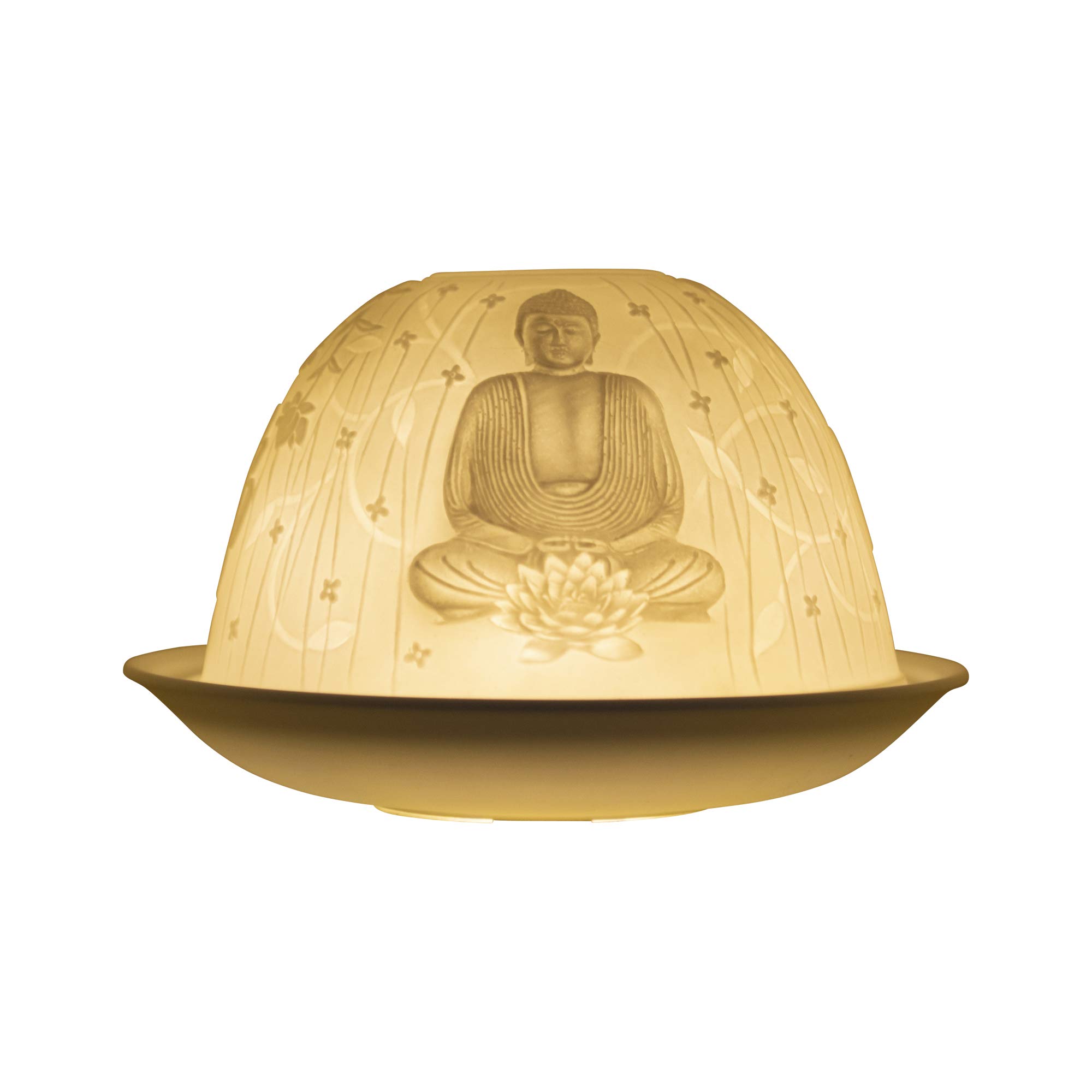 Nordic Lights Buddha Living White Porcelain Tealight Holder Dome Candle Holder Projecting a 3D Image Use With Scented Candle, LED Light Perfect Room Decor Lights Shade & Plate Set with Gift Box