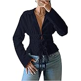 SHENHE Women's V Neck Tie Front Cinched Waist Drop Shoulder Long Sleeve Collared Blouse Top