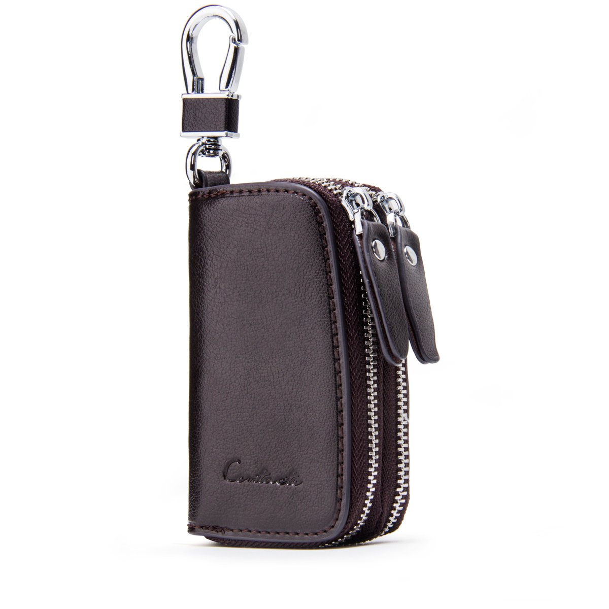 Contacts Genuine Leather Double Zipper Car Key Case Holder Key Bag (Coffee)
