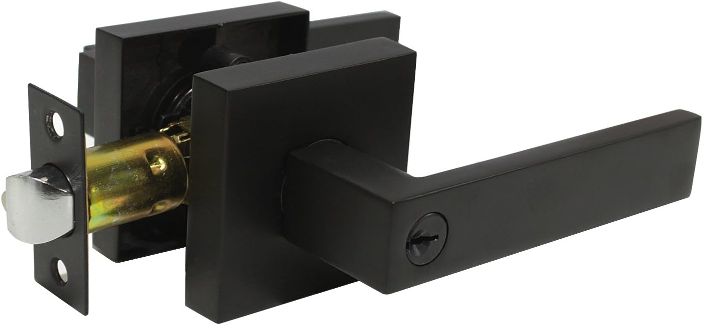 home improvement direct Keyed Entry Door Lever, Exterior/Interior Door Handle with Lock and Different Keys, Matte Black Reversible Square Lockset for Bedroom, Bathroom, Front Door 1 Pack