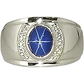 Anusree Jewellers Flash Light Star Sapphire Men's Ring 925 Sterling Silver 6 Rays Star Oval Cabochon Gemstone Engagement Rings For Mens September Birthstone