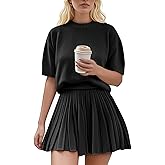 Jenisso Womens 2 Piece Outfits 2026 Short Sleeve Crewneck Knit Tops And Pleated Mini Skirt Two Piece Sets