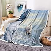 Jipusai Coastal Lighthouse Throw Blankets, Sunrise Blue Ocean Warm Cozy Flannel Blanket, Sailboat Nautical Blanket for Sofa Camping Couch Bed Travel 50X60 inch
