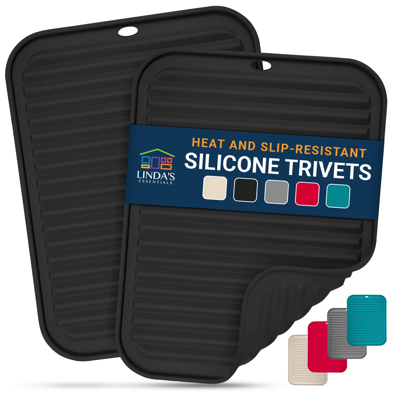 Linda's Essentials Silicone Trivets for Hot Pans and Pots (2 Pack) - Multipurpose Silicone Heat Resistant Mat and Pot Holder Trivet (30 x 23cm) - Heatproof Mats for Kitchen (Black)