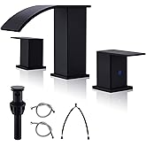 BRAVEBAR Black Waterfall Bathroom Faucet 3 Holes - 8Inch Widespread Bathroom Sink Faucet | Two Handles Modern Vanity Sink Faucets with Overflow Pop-up Drain & Supply Lines Matte Black Upgraded