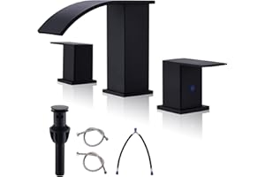 BRAVEBAR Black Waterfall Bathroom Faucet 3 Holes - 8Inch Widespread Bathroom Sink Faucet | Two Handles Lavatory Vanity Sink Faucets with Pop-up Drain Assembly & Supply Lines Matte Black