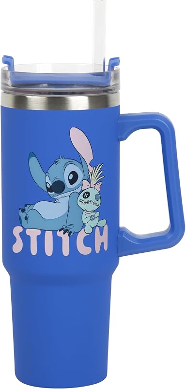 Tasse de voyage isotherme Disney Stitch avec paille bleue, 900 ml, Produit sous licence officielle avec poignée pour thé glacé ou café