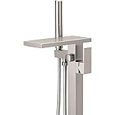 Hoimpro Floor Mount Bathtub Faucet Freestanding Waterfall Tub Filler, Brushed Nickel Single Handle High Flow Shower Faucets Mixer Bathroom Tub Faucets with 2 Function Hand Shower Wand