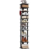 HOMEFORT 10-Tier Vertical Shoe Rack, Corner Shoe Tower, Slim Shoe Organizer with Two Hanging Hooks, Wooden Shoe Storage Stand for Entryway, Hallway, Closet (Black)