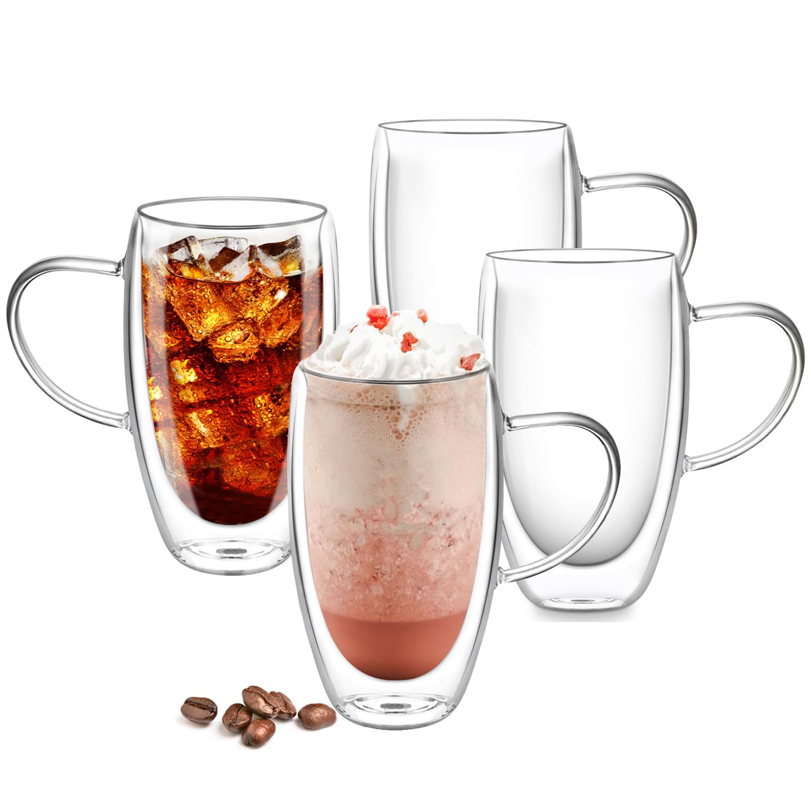 4x450ml Double Walled Glass Mugs with Handle, Heat Resistant Glass Coffee Mugs, Reusable Cappuccino Macchiato Tea Latte Glasses, Clear Borosilicate Cups for Hot and Cold Drinks, Dishwasher Safe