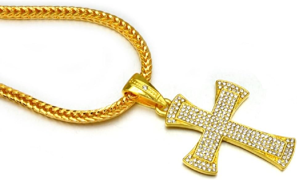 Iced Men's Big Cross Crucifix Gold Tone Long Snake Chain Pendant Necklace