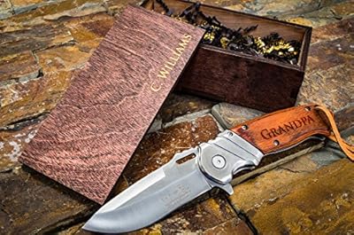 Engraved Box & Custom Pocket Knives- Personalized Wooden Gift Boxes, Knife Husband Groomsmen Set Groomsman Hunting Man Mens Boyfriend Wedding Gifts Folding Blade Rustic Knifes Spring Assisted Open