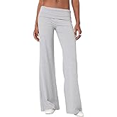 Leyajedol Women Fold Over Yoga Pants Y2K Striped Flared Leggings Low Rise Wide Leg Lounge Pants Stretchy Sweatpants Light Grey