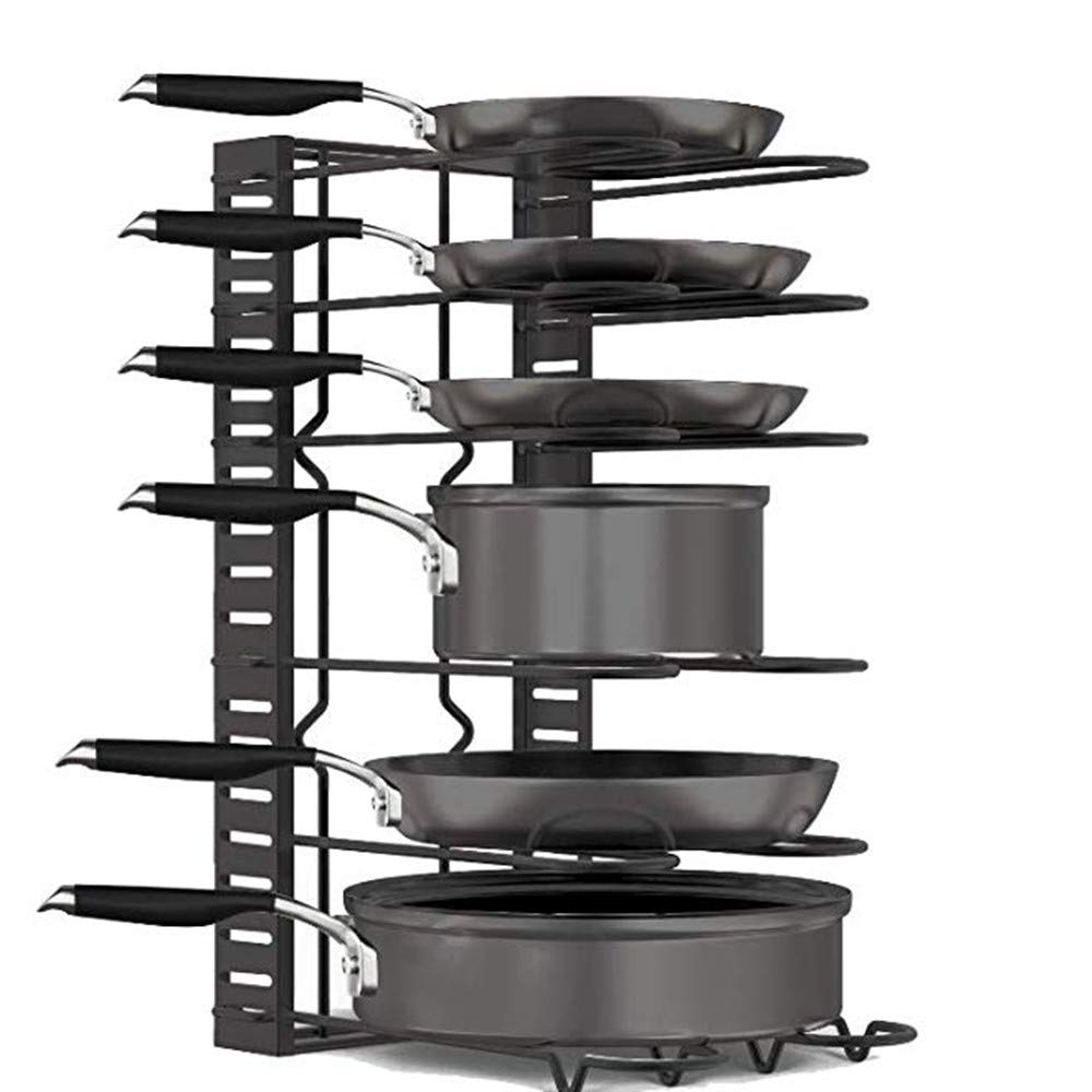 Pan Rack Organizer - Adjustable 8 Pots Holder - Kitchen Cabinet Pantry Pot Lid Holder